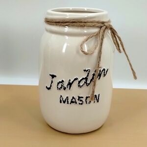 Jardin Mason Jar cream 7" tall decor vase ceramic unbranded